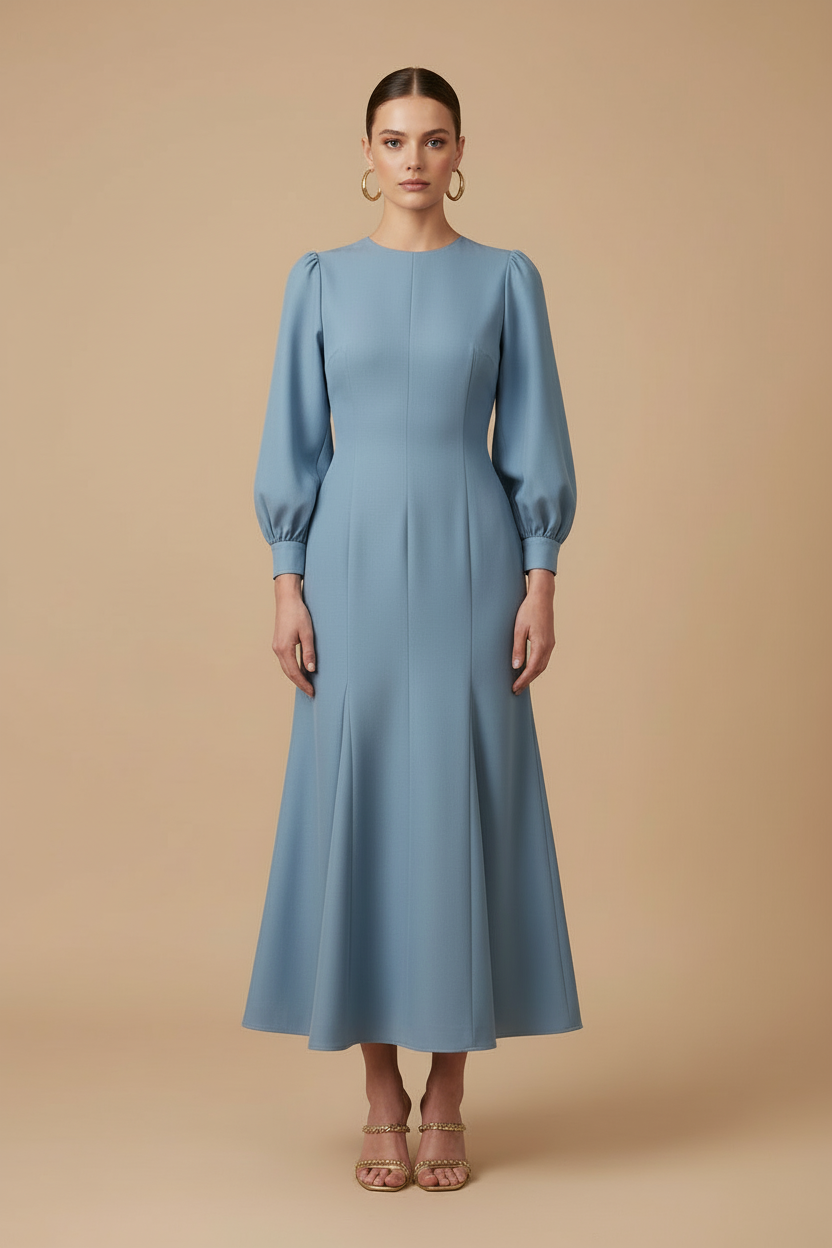 Women’s Blue Maxi Dress with Round Neck and Long Puff Sleeves Fitted Panel Design