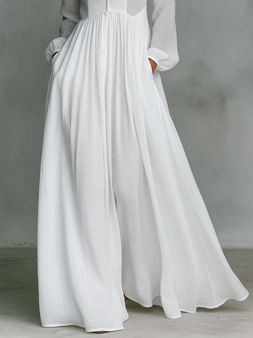 Women's Cotton Linen Maxi Dress Stand-Up Collar
