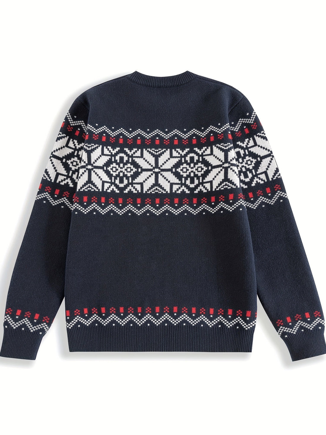 Round Neck Sweater with Snowflake Pattern and Ribbed Cuffs, Machine Washable