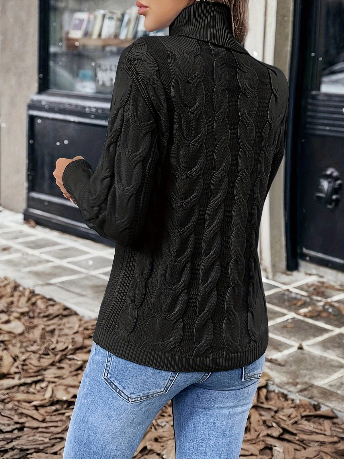 Turtleneck Sweater with Cable Knit Pattern and Relaxed Fit, Full Length Sleeves