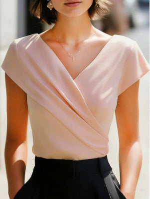 Women's V-Neck Cap Sleeve Crossover Draped Wrap Blouse