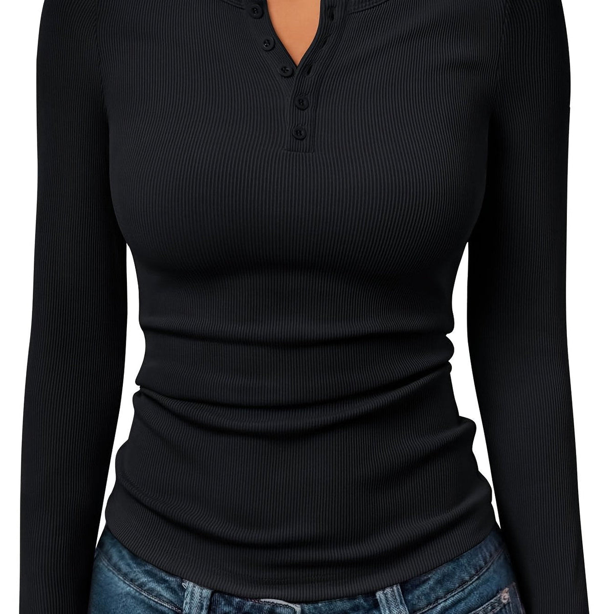 Long Sleeve Henley Top with Button Neckline and Ribbed Texture