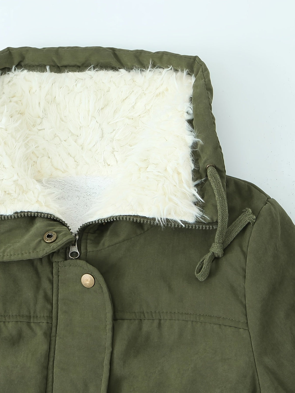 Women's Mid Length Parka with Snap Button Closure and Plush Lining, Adjustable Drawstring