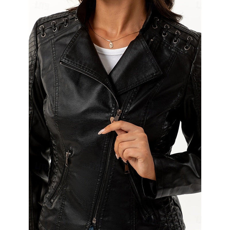 Biker Jacket with Front Zip and Tailored Fit for Fall Winter