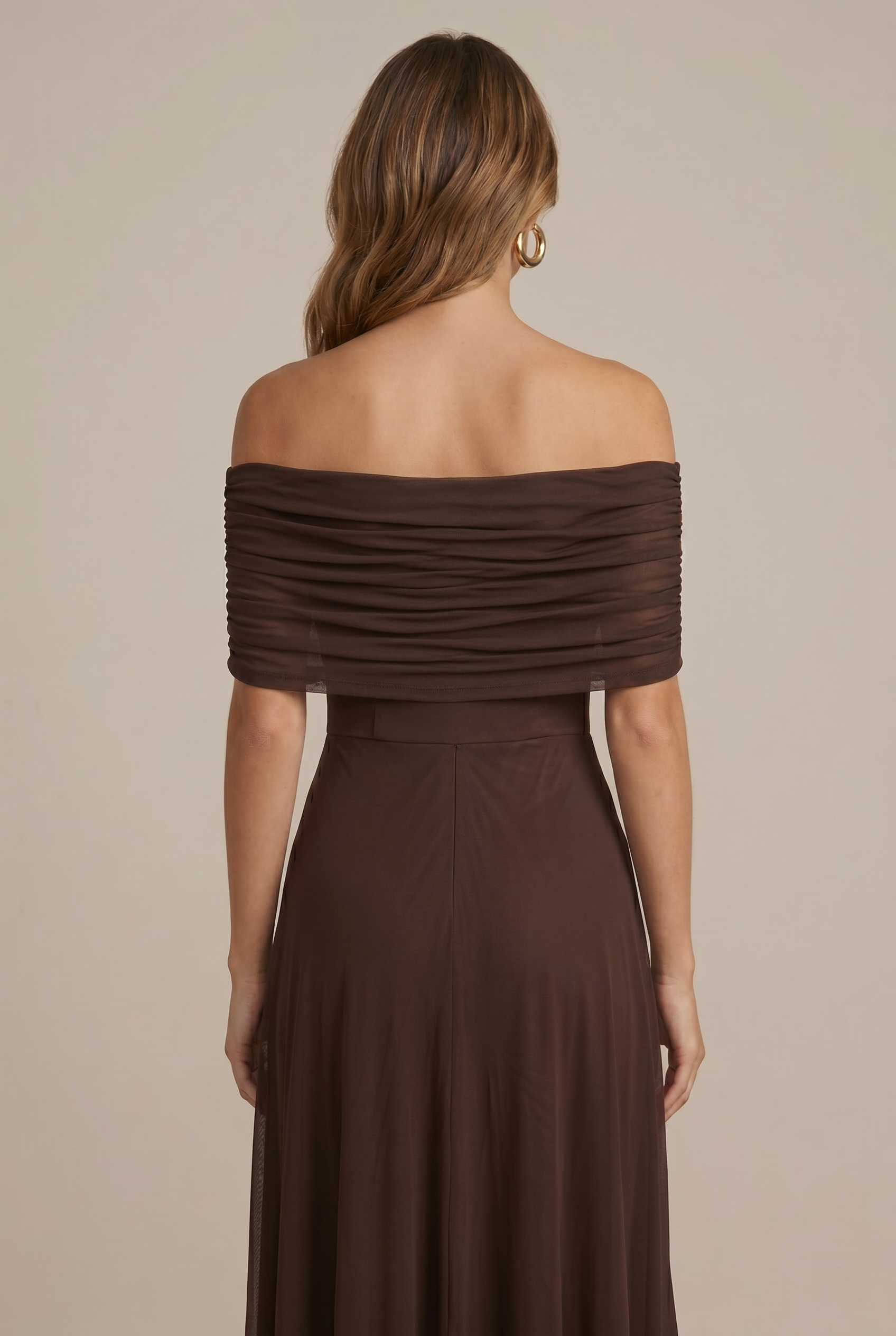 Women's Off Shoulder Ruched Mesh Maxi Dress