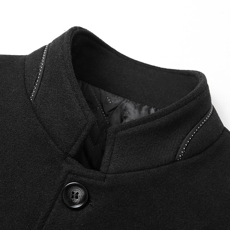 Men's Overcoat with Insulated Lining and Stand Collar, Mid-Thigh Length