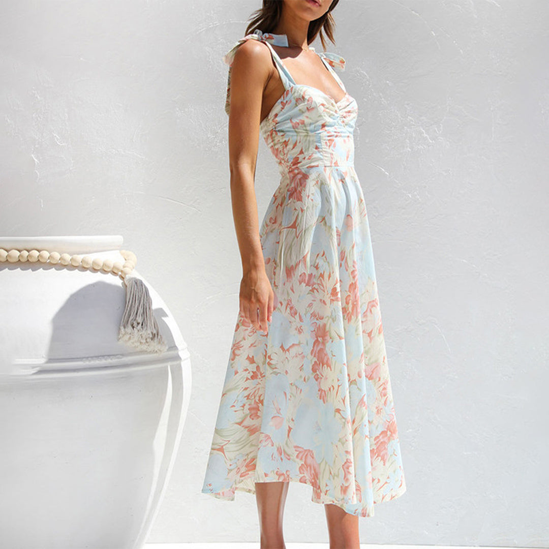 Women's Floral Midi Dress Tie Strap Ruched Bodice