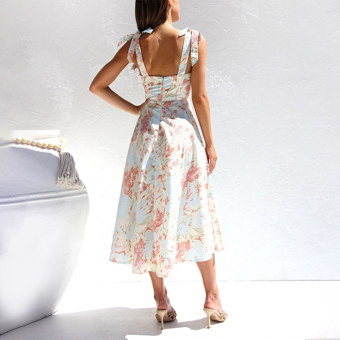 Women's Floral Midi Dress Tie Strap Ruched Bodice