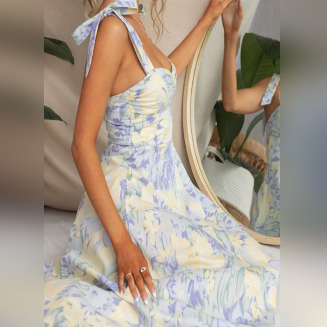 Women's Floral Midi Dress Tie Strap Ruched Bodice