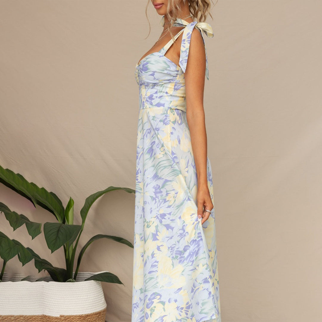 Women's Floral Midi Dress Tie Strap Ruched Bodice