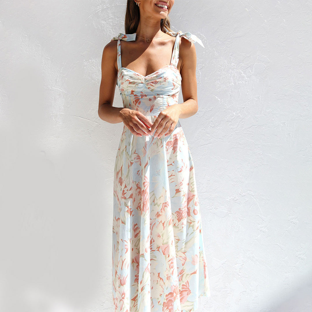 Women's Floral Midi Dress Tie Strap Ruched Bodice