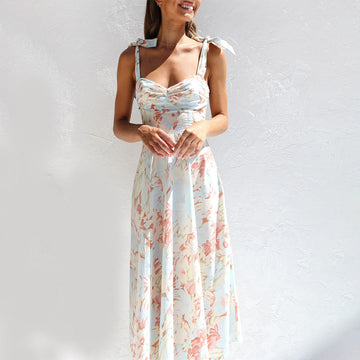 Women's Floral Midi Dress Tie Strap Ruched Bodice