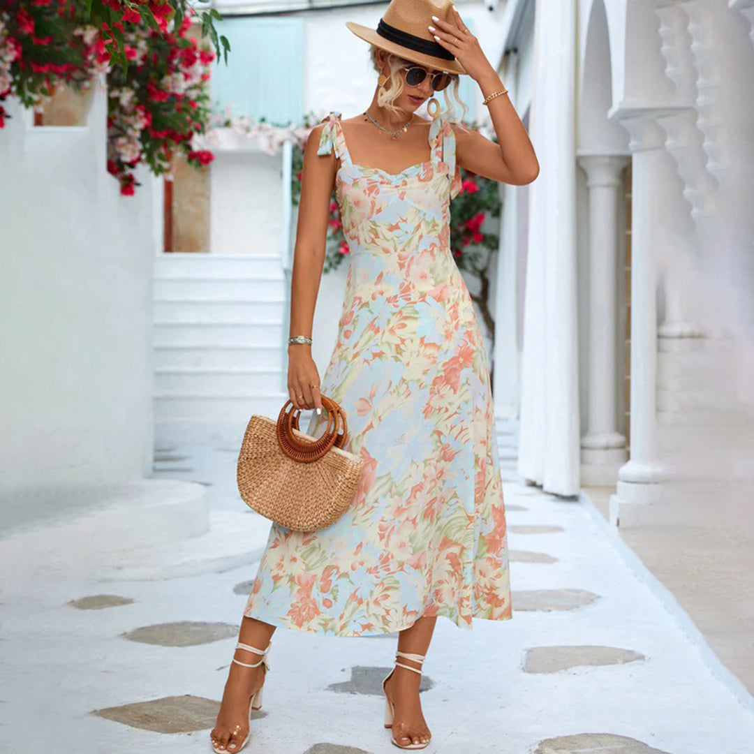 Women's Floral Midi Dress Tie Strap Ruched Bodice