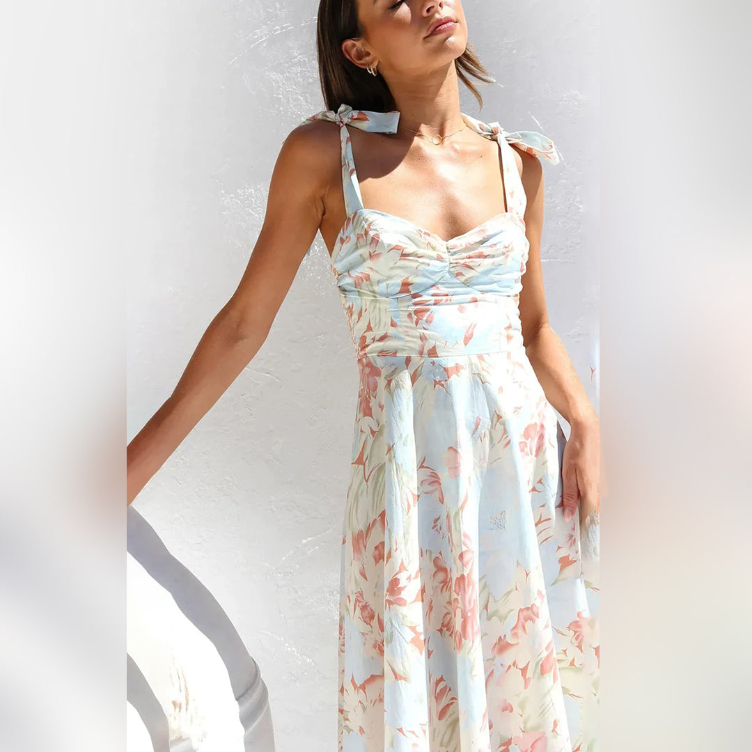 Women's Floral Midi Dress Tie Strap Ruched Bodice