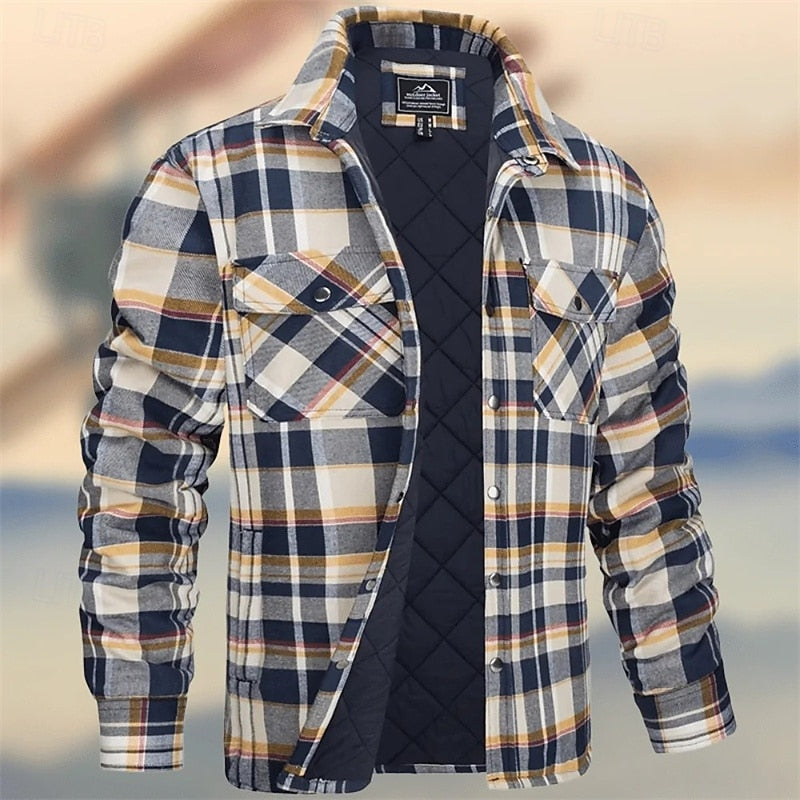 Quilted Plaid Shirt Jacket with Chest Pockets and Adjustable Wrist Cuffs