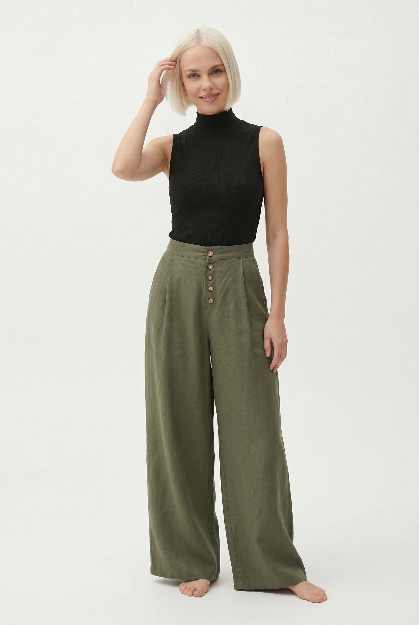 Women’s Wide Leg Pants with High Waist and Button Front Closure Pleated Loose Fit Trousers