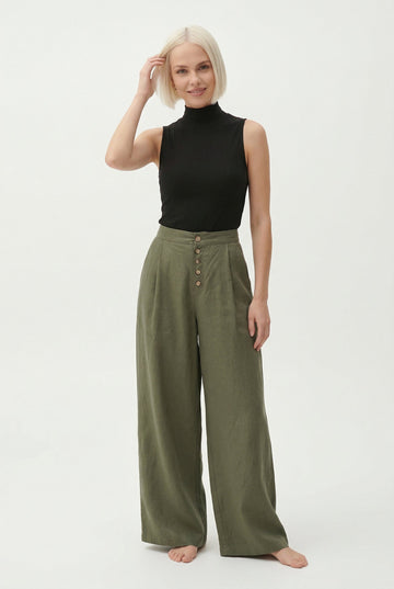Women’s Wide Leg Pants with High Waist and Button Front Closure Pleated Loose Fit Trousers