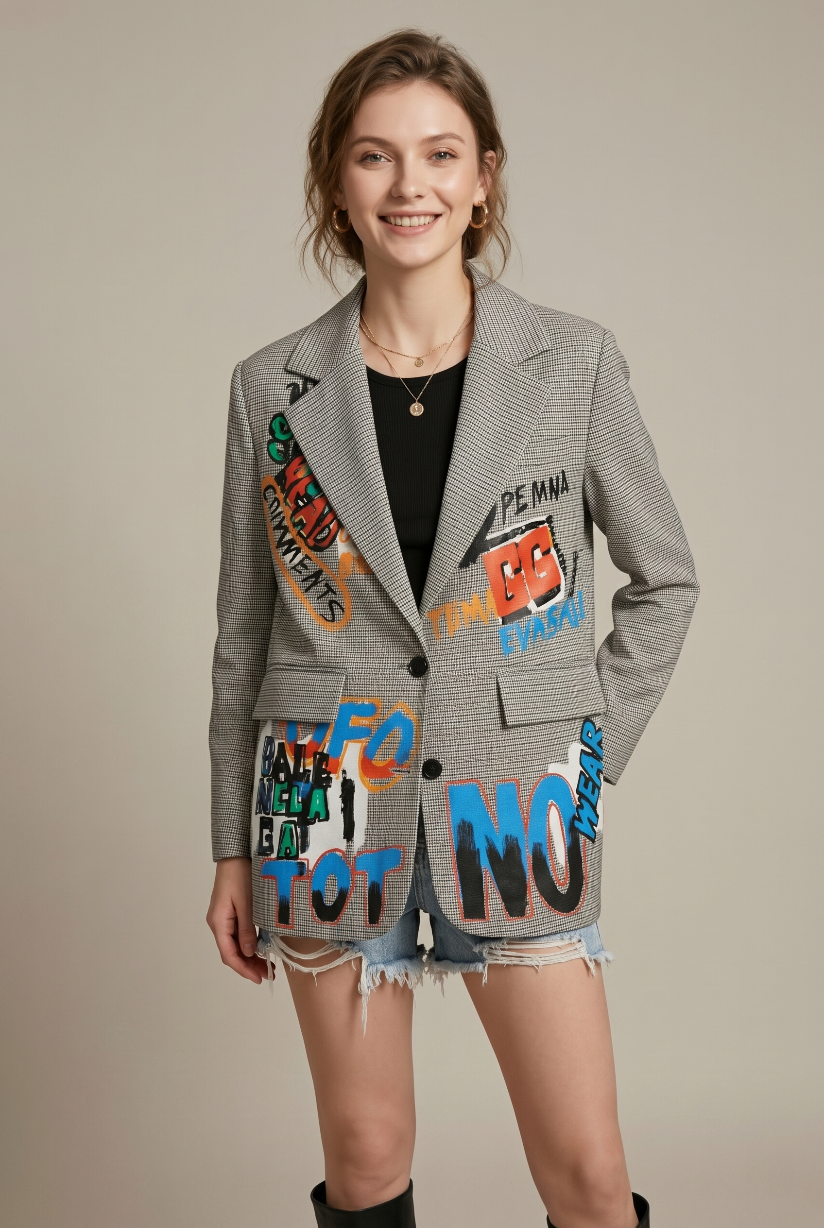 Women's Houndstooth Graffiti Print Oversized Single Button Blazer