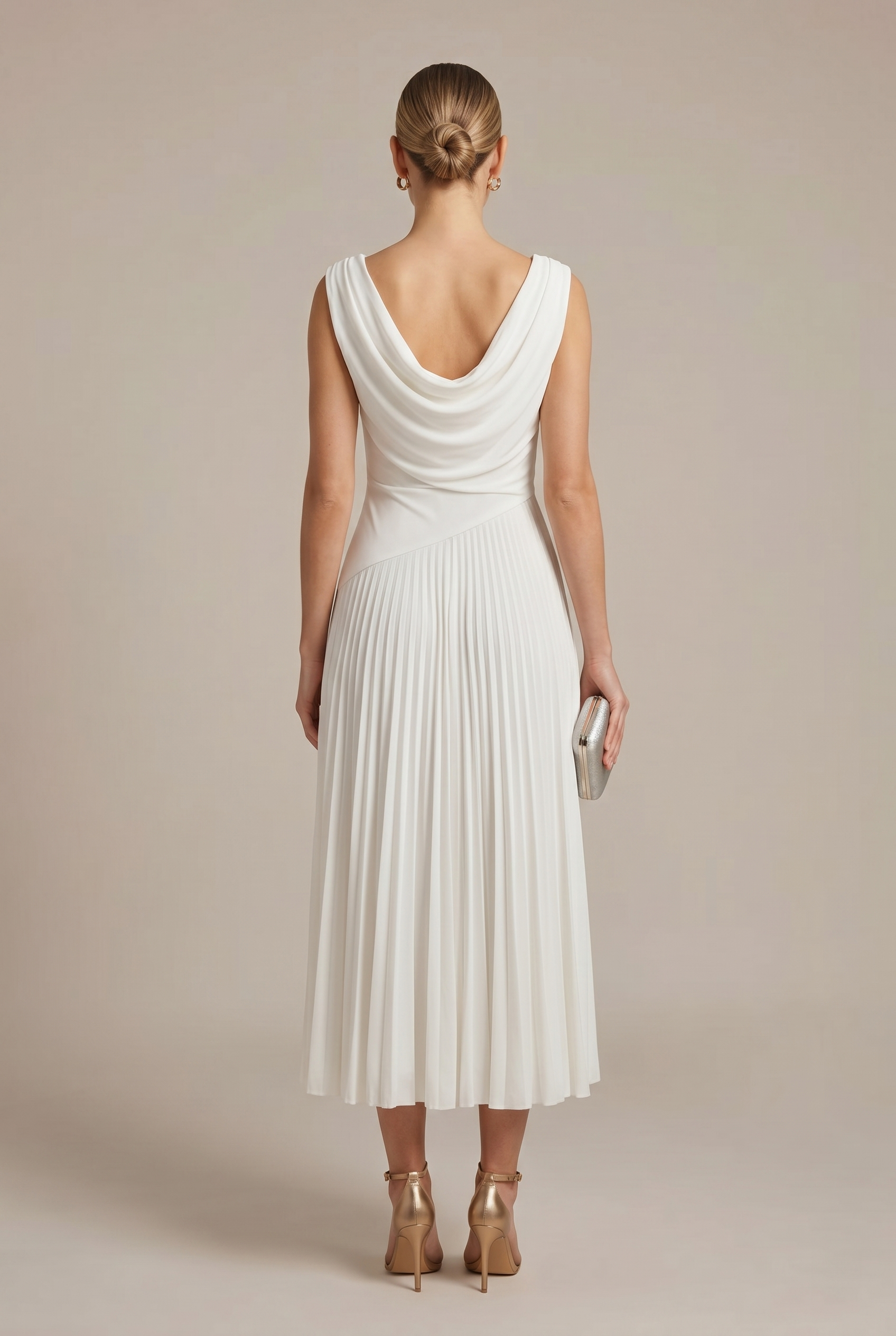 Women's White Sleeveless Cowl Neck Midi Dress - Pleated A-Line Skirt