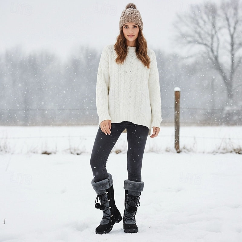 Lace-Up Winter Boots for Women with Fur Trim and Block Heel, Mid Calf