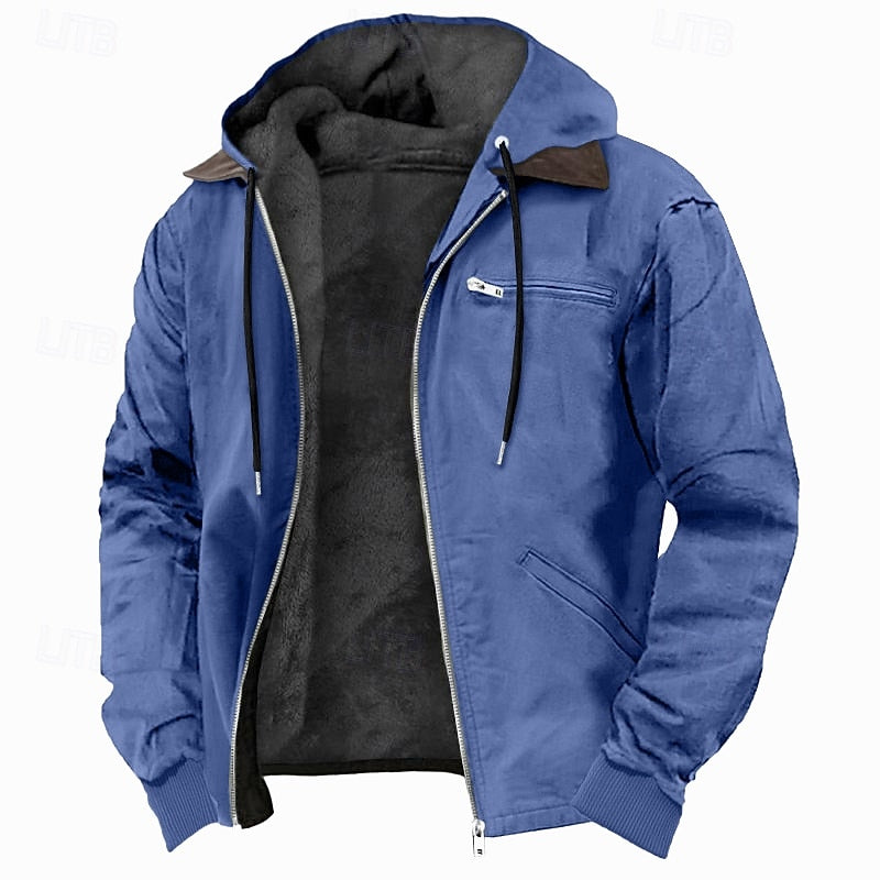 Zip Jacket with Plush Lining and Adjustable Hood, Side Hand Pockets