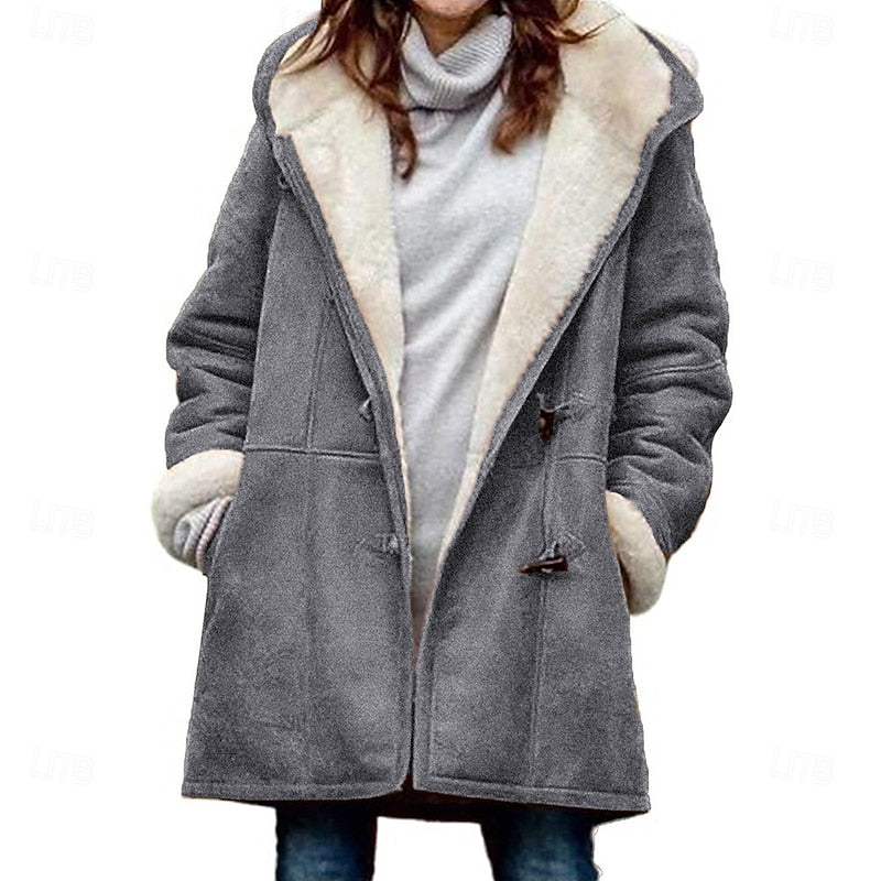 Button Front Winter Coat with Attached Hood and Insulated Fabric, Hip Length