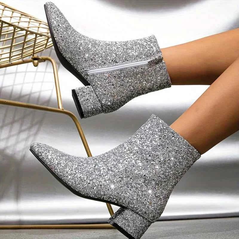 Women’s Glitter Ankle Boots with Block Heel