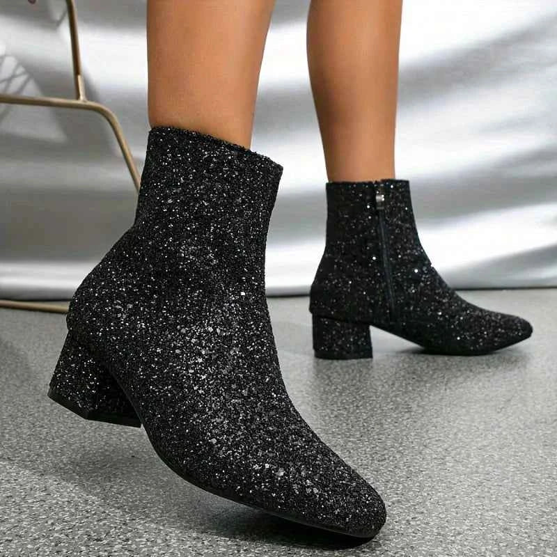 Women’s Glitter Ankle Boots with Block Heel