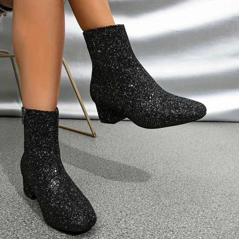 Women’s Glitter Ankle Boots with Block Heel