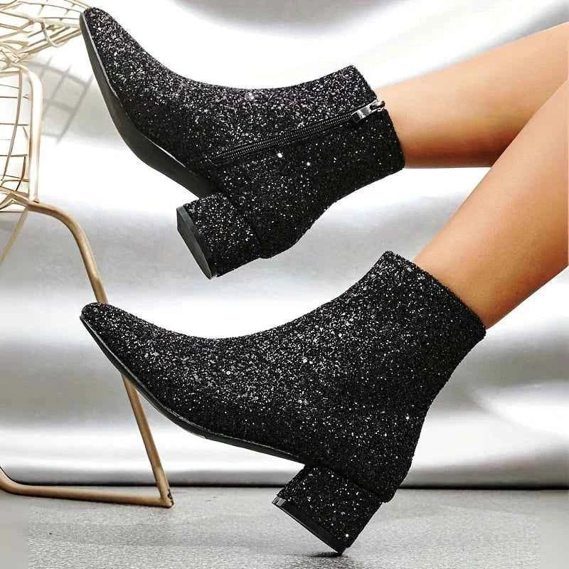 Women’s Glitter Ankle Boots with Block Heel