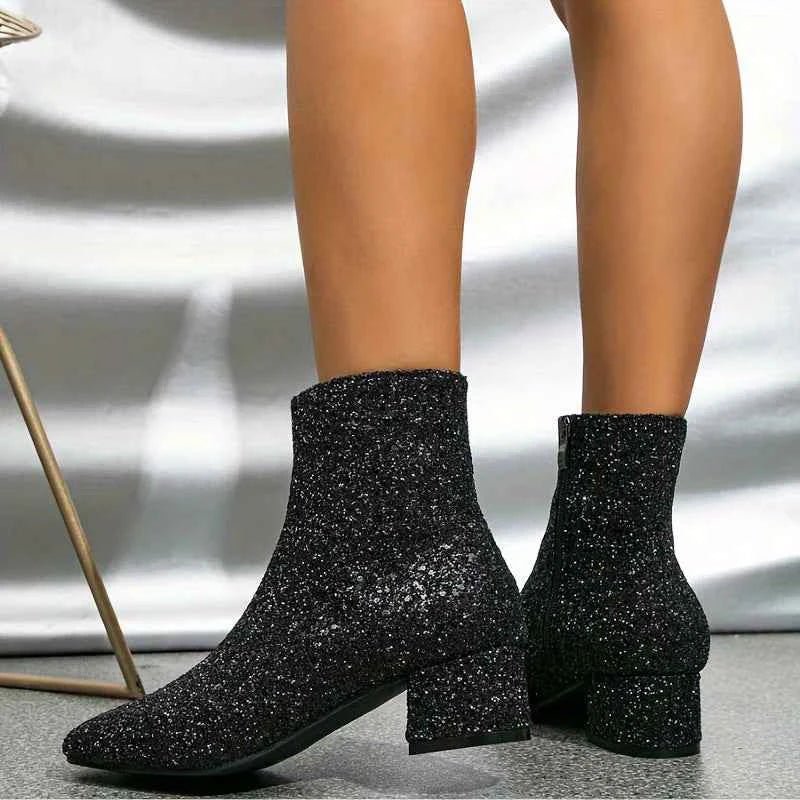 Women’s Glitter Ankle Boots with Block Heel
