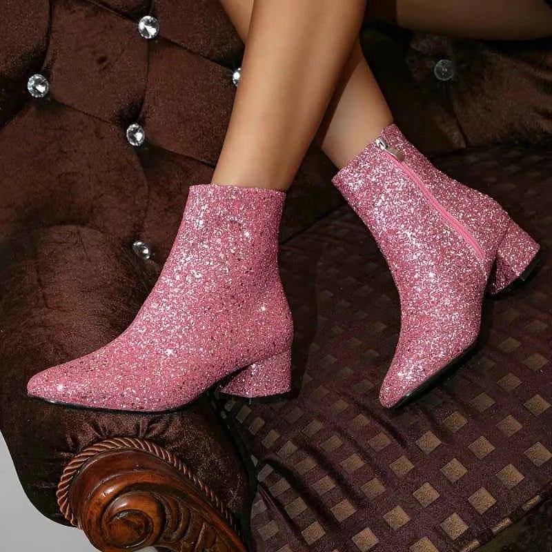 Women’s Glitter Ankle Boots with Block Heel