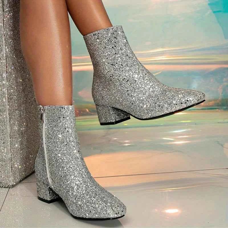 Women’s Glitter Ankle Boots with Block Heel