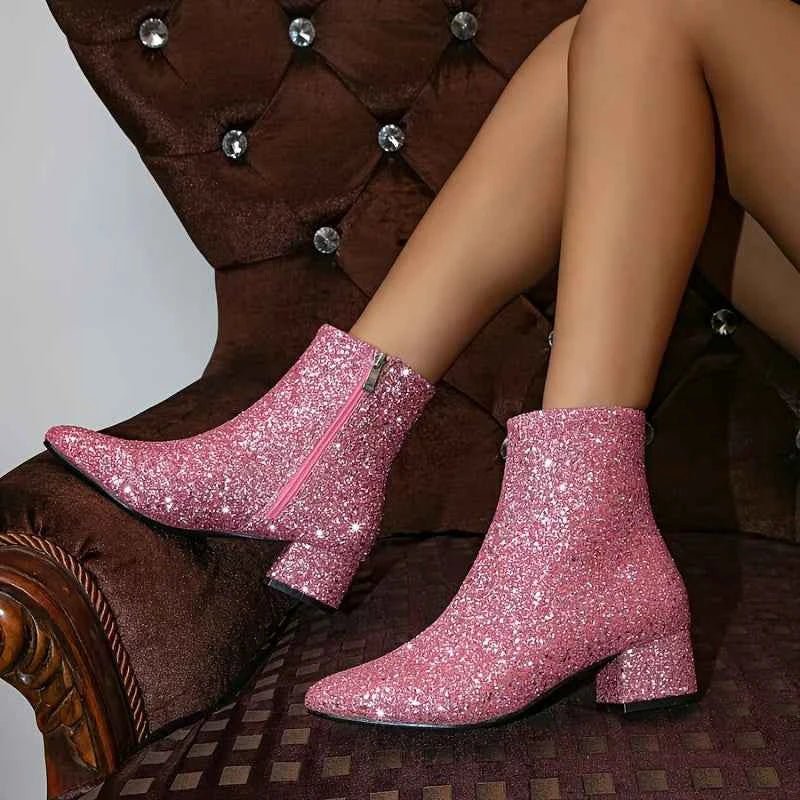 Women’s Glitter Ankle Boots with Block Heel