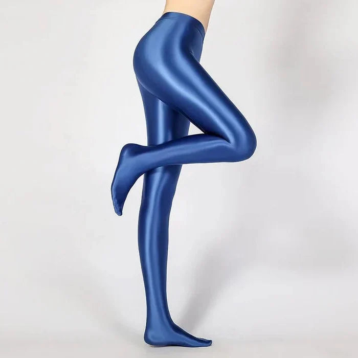 Glossy Opaque Stockings with High Waist Elastic Band and Centered Back Seam
