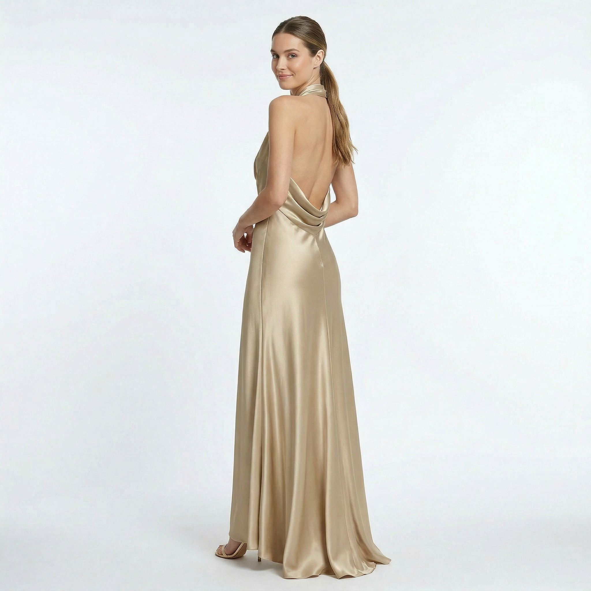 Women's Maxi Dress Satin Halter Cowl Neck Open Back