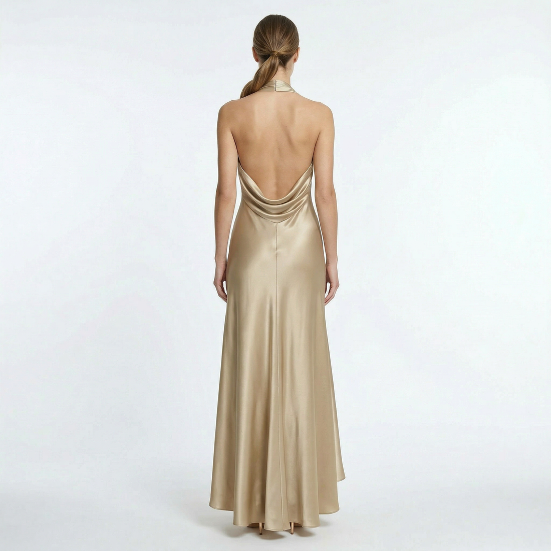 Women's Maxi Dress Satin Halter Cowl Neck Open Back