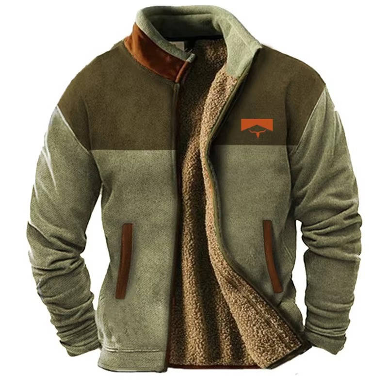 Fleece Jacket with Aztec Geometric Pattern and Stand Collar for Men
