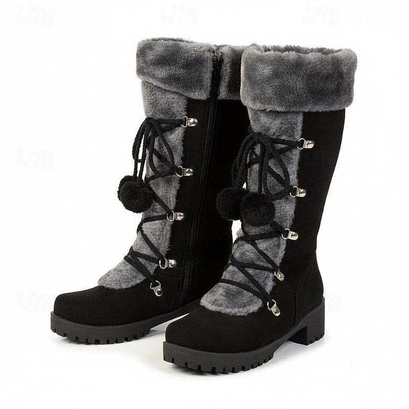 Lace-Up Winter Boots for Women with Fur Trim and Block Heel, Mid Calf