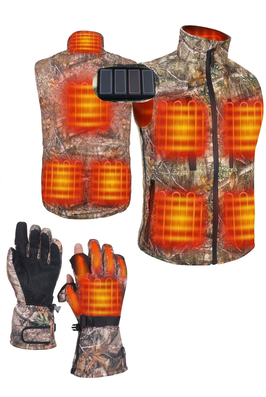 Rechargeable Heated Vest and Gloves with Eight Warming Zones and Flip Open Fingertips
