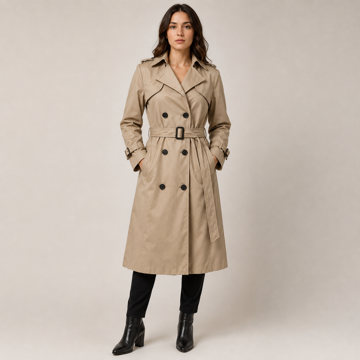Women's Long Trench Coat with Adjustable Belt and Button Front Closure