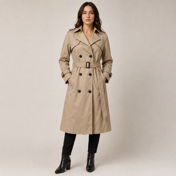 Women's Long Trench Coat with Adjustable Belt and Button Front Closure