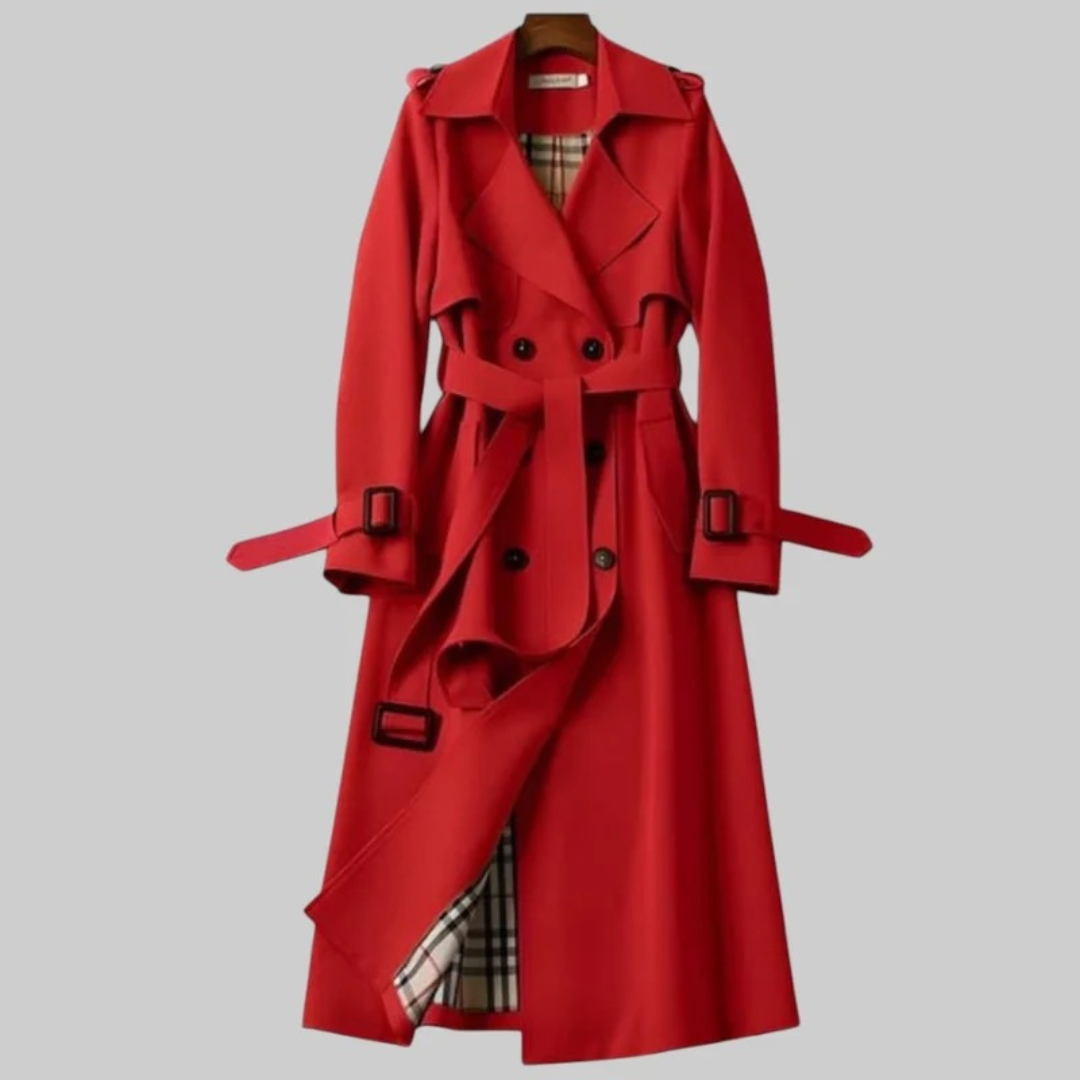 Women's Long Trench Coat with Adjustable Belt and Button Front Closure