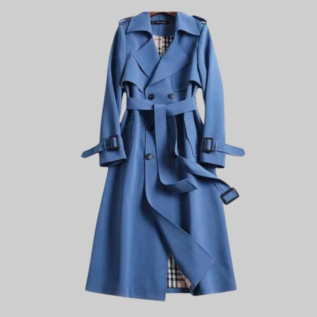 Women's Long Trench Coat with Adjustable Belt and Button Front Closure