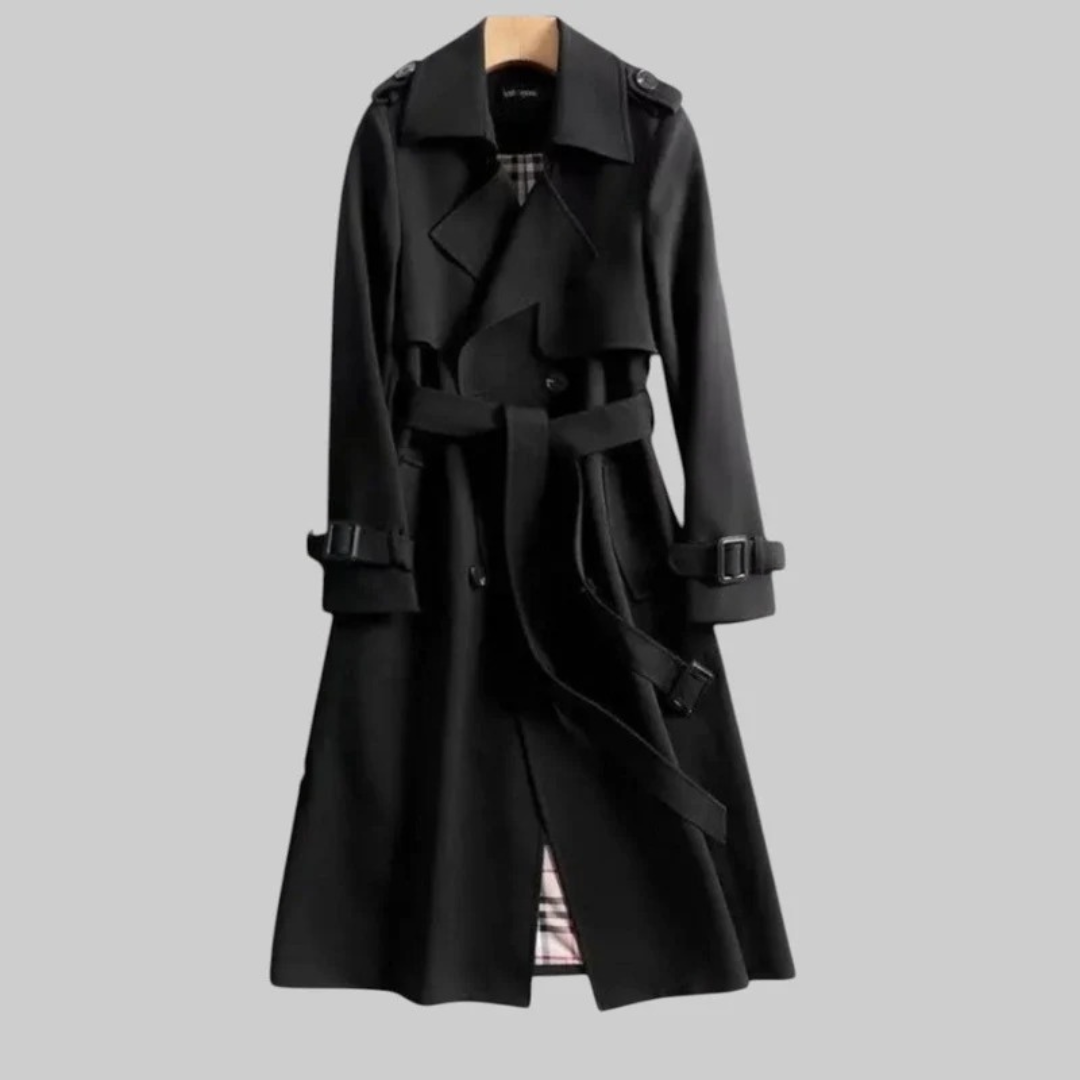 Women's Long Trench Coat with Adjustable Belt and Button Front Closure