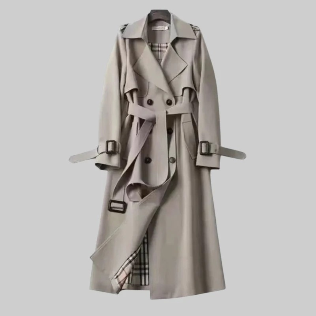 Women's Long Trench Coat with Adjustable Belt and Button Front Closure