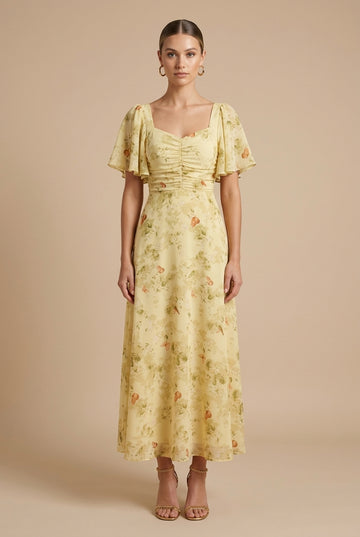 Women's Floral Maxi Dress with Square Neck - Flutter Sleeves and Ruched Bodice