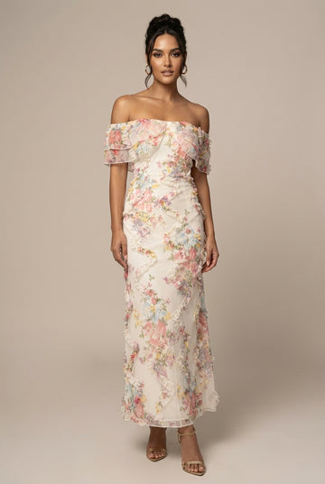 Women's Floral Off Shoulder Ruffle Trim Bodycon Maxi Dress