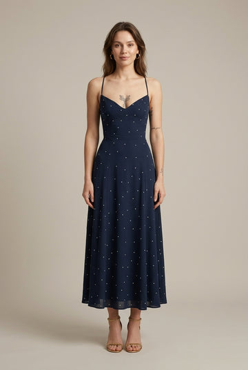 Women's Polka Dot V-Neck Smocked Back Maxi Slip Dress