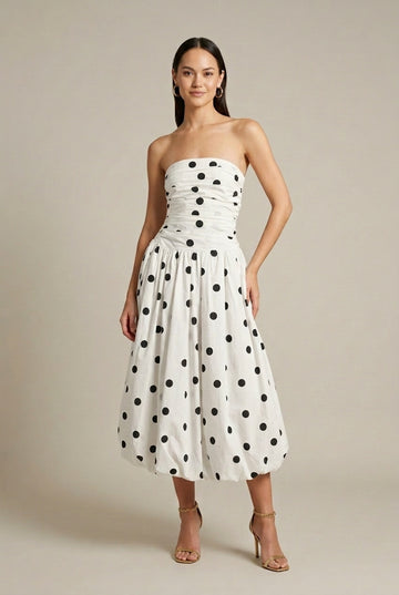 Women's Polka Dot Strapless Ruched Bubble Hem Midi Dress
